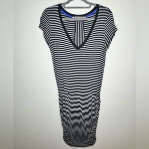Athleta Striped Black and Gray V-Neck Dress